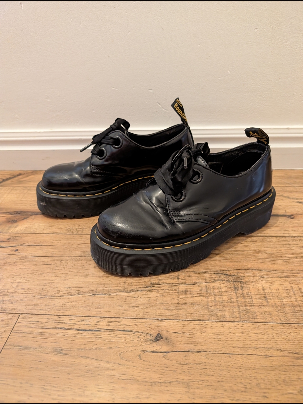 Dr. Martens Black Platform Lace-Up Oxfords with Yellow Stitching